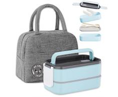 Haoh Lunch Box Kit - 1400ml 2 Strati Ermetica Porta Pranzo da Ufficio con Posate e Borsa Termica Porta Pranzo, Bento Box Microonde per Picnic Scuola Uffici Adulto(Blu)