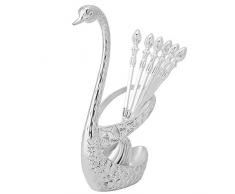 Kit cucchiaino da caffè con supporto a forma di cigno in lega di zinco e 6 cucchiaini da caffè in acciaio inox Set di cucchiai per cibo per torta insalata Cocktail Dessert Marshmallow(Argento)