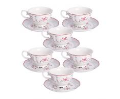 fanquare Set di 6 Tazza da Tè Fiori Rosa e Piattino, Set di Tazze Pomeridiane Vintage Inglesi, Tazza da Caffè in Porcellana con Bordo Dorato, 150 ml