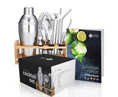 Oak & Steel - Kit da Cocktail Completo - Set di 13 Shaker per Cocktail con Supporto in Legno e Ricettario