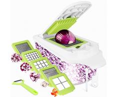 Affettaverdure Taglia Verdure 12 in 1 Tagliaverdure a Cubetti Mandolina per Verdure con 5 Lame Grattuggia Verdure Mandolina Affettatrice Affetta Verdure Professionale Taglia Patate/Aglio/Cetriolo