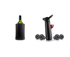 Vacu Vin Refrigeratore per Vino Attivo, Senza Ghiaccio - Nero & Vin Pompa Salvavino Concerto con 4 Tappi per Il Vuoto - Nero