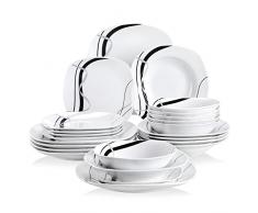 VEWEET Fiona Servizio di Piatti Quadrati in Porcellana Set di Posate 24 Pezzi con 6 Ciotola per Cereali, 6 Piatti Piani, 6 Piatti Fondi e 6 Piatti da Dessert per 6 Persone