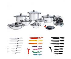 A.M.C. Set batteria di pentole e tegami in acciaio inox 18/10, tradizionale e induzione kit 18 pz con omaggio set coltelli in ceramica antibatterici da 8 pz, fondo con triplo strato incapsulato