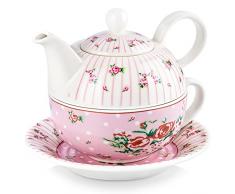 MALACASA, Serie Sweet.Time, Tea for One Servizio da tè 4 Pezzi di tè in Porcellana con Teiera, Tazza e Piattino Fiori e caffè Bianco con Regalo di Rose