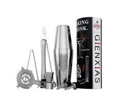 Set shaker per cocktail Boston, 9 pezzi, set shaker per cocktail con colino, beccuccio, bastoncino da cocktail, pestello, cucchiaio per miscelazione, kit per barista, accessori da bar (Argento)
