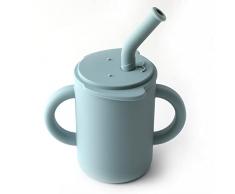LOVE DEPOT Tazza con cannuccia per bambini, in silicone di qualità alimentare, con 2 manici, senza BPA, 150 ml (Ether)