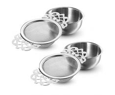 DIFCUL Colino da tè in acciaio inox, con Ciotola Rotonda per gocciolamento, Doppio Manico, Tradizionale in Maglia Ultra fine, elegante filtro per foglie sfuse, 2 Pezzi