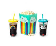 Legami - Set di un Contenitore per Popcorn e due Bicchieri, Riutilizzabili, Bicchieri da 450 ml con Tappo a Vite e Cannuccia, Secchiello per Popcorn da 3,5 l