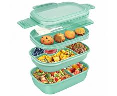 Umiblu Porta Pranzo, Lunch Box Con Tre scomparti e Posate Per Adulti e Bambini, Bento Box Prova di Perdite, Portapranzo Senza BPA Sicuri per Microonde e Lavastoviglie (Verde)