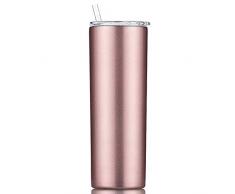 Gtell - Bicchiere sottile a doppia parete in acciaio inox 18/8, con cannuccia e coperchio, per mantenere le bevande fredde e calde 20oz Oro rosato