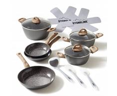 STONELINE Set di pentole in Ceramica Adatte allinduzione, 14 Pezzi, Set di pentole con Coperchio in Vetro, pentole e padelle con Rivestimento Antiaderente in Ceramica e Particelle di Vera Pietra