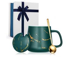TangDouJM Tazza in ceramica marmorizzata con coperchio, set regalo tazza da caffè per uomo, tazza da caffè elegante per donna, set regalo di Natale 12oz/350ml - Verde