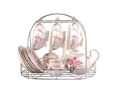 ufengke 15 Pezzi Set da tè Europeo Classico, Motivo Camelia Rosa E Bordo Dorato, Bone China Servizio da tè Set da caffè Vintage con Staffa Metallica, per Regalo, La Famiglia E Ufficio