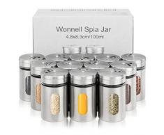 Wonnell 12 Pcs Barattolo di Spezie,Vasetti Portaspezie in Acciaio Inossidabile,Barattoli Vetro con Coperchio Girevole e Finestra Visiva,100ml Barattoli di Spezie da Cucina per Sale, Pepe Nero ecc.