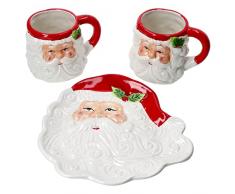 MamboCat Set 3 Pezzi Babbo Natale, 1 Piatto da Pasticceria e 2 Tazze da caffè 480 ml Natale X-mas Time Faccia di Babbo Natale, Vin brulè, Punch, Tazza, pentola, gres fine.