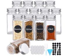 JOSPL Set da 14 Barattoli Spezie Vetro 120ml Vasetti Vetro contenitori spezie rettangolari,Kit per Condimenti con Etichette,Kit per Condimenti da Cucina per Barattoli Vetro Imbuto Piccolo e Spazzola