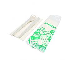 MAQA 100 pz Set posate biodegradabili e compostabili, Forchetta e coltello imbustato singolarmente con tovagliolo, Bis Posate