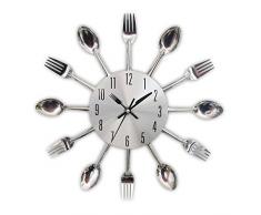 TimeLike - Orologio adesivo 3D da cucina, effetto specchiato, con motivo forchette e cucchiai, rimovibile, da arredamento 32*32*4CM argento