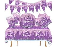 Set per la Festa di Compleanno, Decorazione per il Compleanno dei Bambini con Stoviglie Viola Diamante,Articoli per la Festa delle Ragazze, Bicchieri di Carta, Piatti,Tovaglia, Tovaglioli, Stendardo