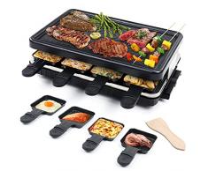 Raclette Grill per 8 Persone Piastra Griglia Elettrica per Cucinare Teppanyaki Grill da Tavolo Barbecue Elettrico con 8 Mini Padelle di Cottura e 4 Spatole in Legno Griglie Pasqua Elettriche 1300W