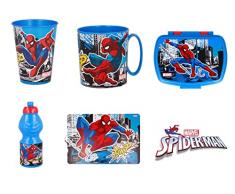 Set Regalo Spider Man per Bambini con 5 Pezzi - Porta merenda, Borraccia, Bicchiere, Tazza - Servizio Tavola Pranzo, Scuola e Sport (Spiderman)