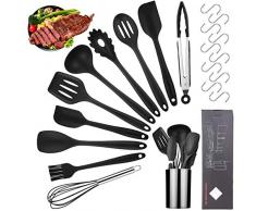 Viesap Set di Utensili da Cucina in Silicone,11Pezzi Strumenti di Cottura Manico in Silicone Resistente al Calore Antiaderenti,Cucchiaio,Turners,Pinze,Frusta,Raschietto,Contenitore,Gancio,ECC.Nero.