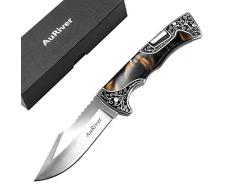 Coltello Pieghevole, Coltello a Due Mani con Chiusura Posteriore, Coltello da Pesca Outdoor in Acciaio Inox Coltello Tascabile con Manico in Legno e Metallo per Campeggio, Caccia, Pesca