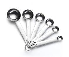 Set di 6 pezzi per misurini, in acciaio inox rotondo resistente Specchio lucidato 1/8 TSP, 1/4 TSP, 1/2 TSP, 1 TSP, 1/2 TBLS e 1 TBLS Misura cucchiai per cuocere al forno, Argento