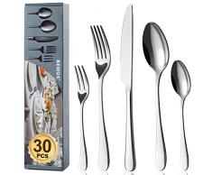 BEWOS servizio di posate per 6 persone, servizio di posate da 30 pezzi comprensivo di coltello, forchetta, cucchiaio, posate, acciaio inox lucidato a specchio, lavabili in lavastoviglie
