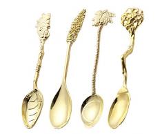 EQLEF Fun Cucchiaini Caffe, cucchiaino da tè in Oro Royal Cucchiaio da Regalo Cucchiaio in Albero di Cocco/Foglie/Rami/Forma di gelso per Gelato da Zucchero da Dessert (4 Pezzi)