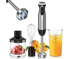 Bonsenkitchen Frullatore a Immersione Multifunzione 4 in 1, Minipimer in Acciaio Inox, 1000 W, 20 Velocità Regolabili, con Frusta, Tritatutto da 500 ml e Misurino da 700 ml, HB3203