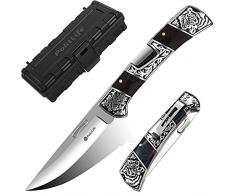 Poktlife Coltello Pieghevole,Coltellino tascabile con incisione floreale decorativa retrò in metallo manico in legno, Miglior Coltello da Trekking da Pesca da Caccia da Campeggio (Legno Nero)