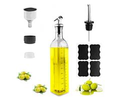 Gvolatee oliera salvagoccia 500ml, dispenser olio dOliva e Aceto con beccuccio, Imbuto in Acciaio Inossidabile, etichette, dosatore olio, Trasparente bottiglie vetro per Cucina, BBQ, insalate