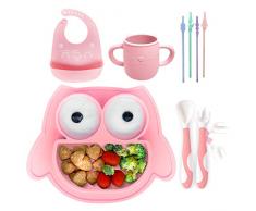 Brunoko piatto pappa Set 5in1 - Piatto di aspirazione + Cucchiaio + Bavaglino in silicone + Tazza per bambini riutilizzabile + Cannucce in silicone 5in1 - Silicone BPA Free - Lavabile in lavastoviglie