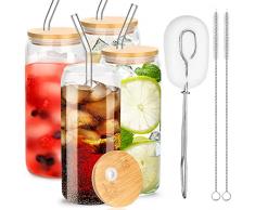 Bicchiere da Birra con Coperchio e Cannuccia, 20oz (590ml) Tazza da Caffè Ghiacciata, 4 pezzi Tazze in Vetro a Forma di Lattina, Riutilizzabile, per Cocktail, Frappè, Succhi, Frullati, Birre (20)