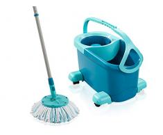 Leifheit Set Clean Twist Disc Mop Ergo Mop Pavimenti Turchese, Lavapavimenti Professionale Flessibile a 360°, Mop Rotante con Manico Regolabile e Rotelle