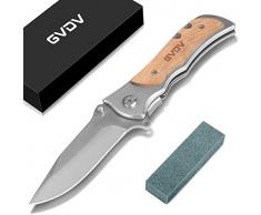 GVDV Coltello Tascabile Pieghevole con Pietra per Affilare - Coltello da Caccia Pieghevole in Acciaio Inossidabile 7Cr17, Manico in Legno dulivo, Lama Rivestita in Titanio, Chiusura di Sicurezza