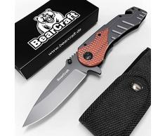 BearCraft Coltello Pieghevole Serramanico con ** eBook GRATUITO ** | Coltello da Tasca per Sopravvivenza con Inserto in Legno | Coltello a Scatto in Acciaio Inossidabile