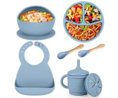 Dreamhigh® Set Pappa Svezzamento Bambini, 7 Pezzi Senza BPA Set Pappa Bambina Antiscivolo, Set Pappa Silicone con Ventosa Piatto Ciotola Tazza Bavaglino 1 manico in Legno Cucchiaio e Forchetta