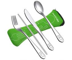 Posate Bambini Acciaio, Set Posate Coltello Forchetta Cucchiaio Paglia Portatile Posate per Bambini Casa Viaggio Camping Picnic 4 Pezzi, con Portaposate