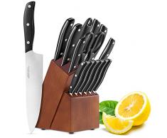 Set Coltelli, Coltelli da Cucina Professionali da Chef con Ceppo Coltelli in Legno, Set di Coltelli in Acciaio Inossidabile, 15 Pezzi