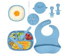 Aolso Set Pappa per Bambini Silicone, 9 Pezzi Set Pappa Svezzamento Bambini, Ciotola e Piatto, 4pcs Cucchiaio Forchetta, Tazza e Coperchio, Bavaglino, Set Svezzamento Silicone senza BPA - Blu