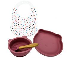 Baby Carey - Set Pappa Svezzamento Bambini - Piattino Pappa Svezzamento + Tazza ventosa bambini + Cucchiaio e bavaglino in silicone - Set Svezzamento prima pappa - No BPA - Rosa