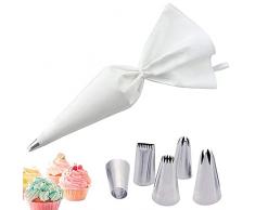 Sac à poche, Set di 5 beccucci per Pasticceria, Tasca da Pasticceria Riutilizzabili,Beccucci in Acciaio Inox Kit Fai da Te per Decorazione di Torteper Decorazione Torte, Torte, Biscotti,Bianco