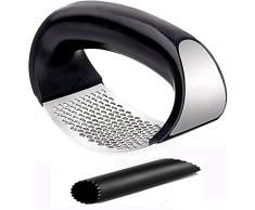 Oldpard Aglio Spremiaglio Frantoio Cucina Aglio Rocker 304 Food Grade Acciaio Inox Ginger Crusher Ergonomia Risparmio di manodopera con aglio Pelapatate e spazzola per la pulizia (Nero/Argento)
