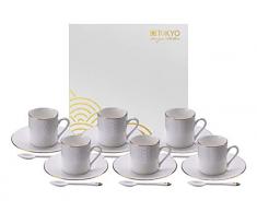 TOKYO design studio Nippon White Espresso-Set Bianco, 18 pz, con Bordo Dorato, 6X Tazze da caffè Espresso con piattini e cucchiai, Porcellana Asiatica, Design Giapponese, Confezione Regalo incl.