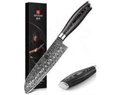XINZUO Coltello Santoku Acciaio Damasco 17.8cm Coltello da Cucina, Professionali Coltello per Verdure Multifunzione Coltello da Cuoco con Manico in Legno di Pakka- Ya Serie
