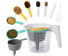 Kurtzy 10 Pezzi Set di Misurini Cucina e Cucchiaio Dosatore - Tazza da 1 Litro e 6 Cup Misurini - Set di Utensil Plastica Senza BPA - Misurini Impilabili per Cucinare, per Liquidi, Solidi e Secchi
