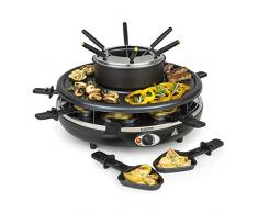 Klarstein Fonduelette - Piastra per Raclette e Fondue, 1350 W, Pentola: 1 L, Piastra: 38cm Ø, 8 Persone, 8 Padelline Antiaderenti, Manici Resistenti al Calore, 8 Forche da Fondue in Acciaio Inox